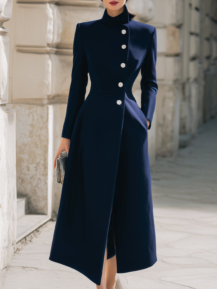 Women's Navy Stand Collar Maxi Wool Coat