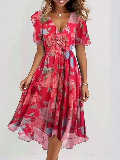 Cindy | Botanical Print Wrap Flutter Sleeve Midi Beach Dress