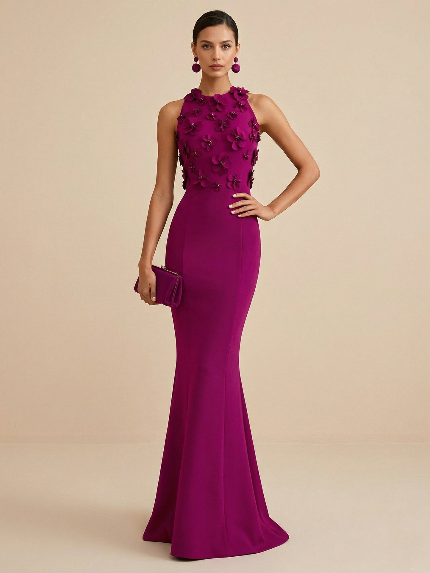 Fucia | High Neck Floral Mermaid Formal Bridesmaid Dress