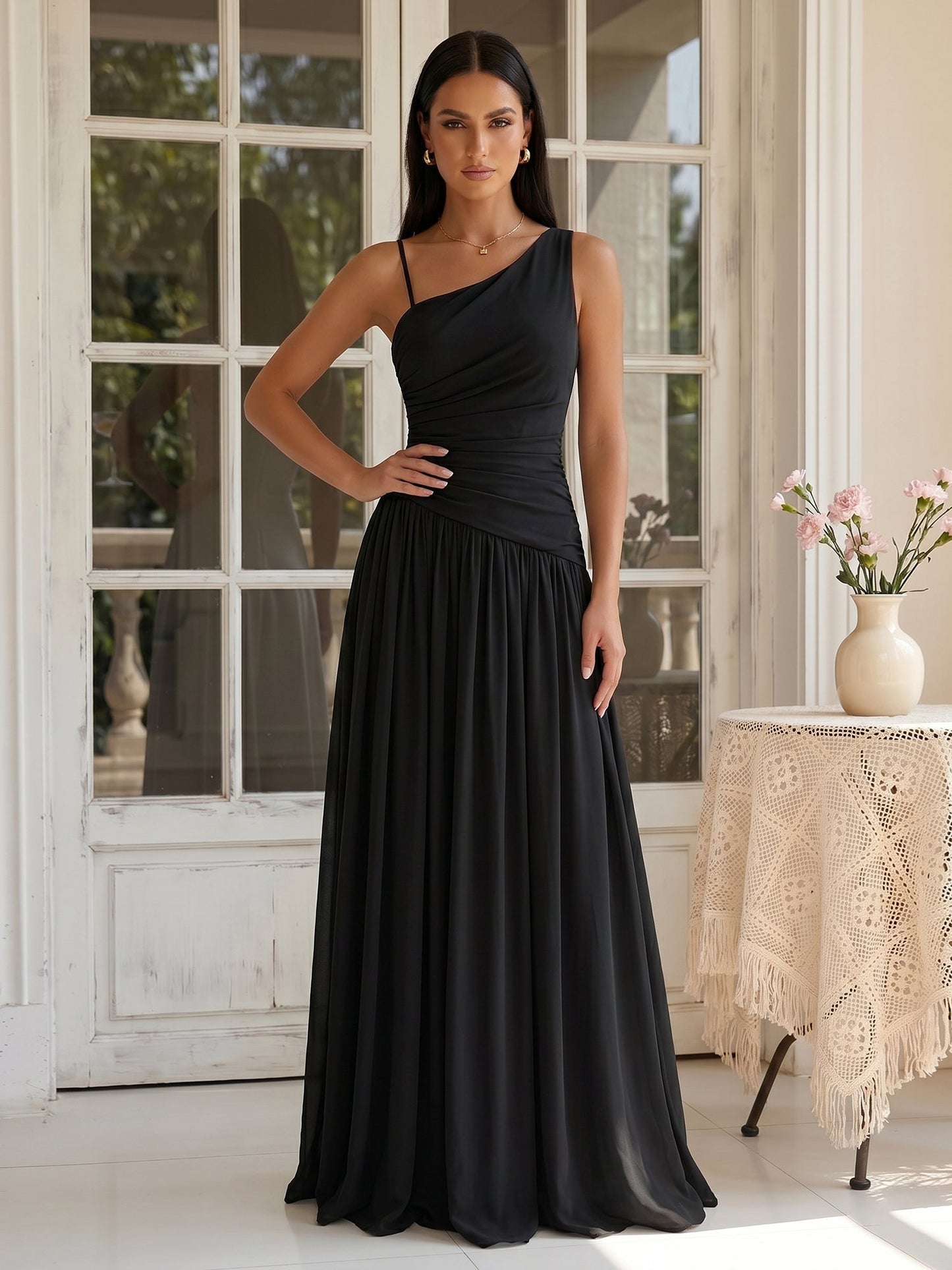 Onx | One Shoulder Pleated Satin Thigh Slit Summer Wedding Guest Dress