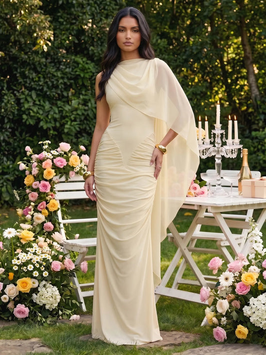 One Shoulder Ruched Chiffon Cape Overlay Bridesmaid Dress
