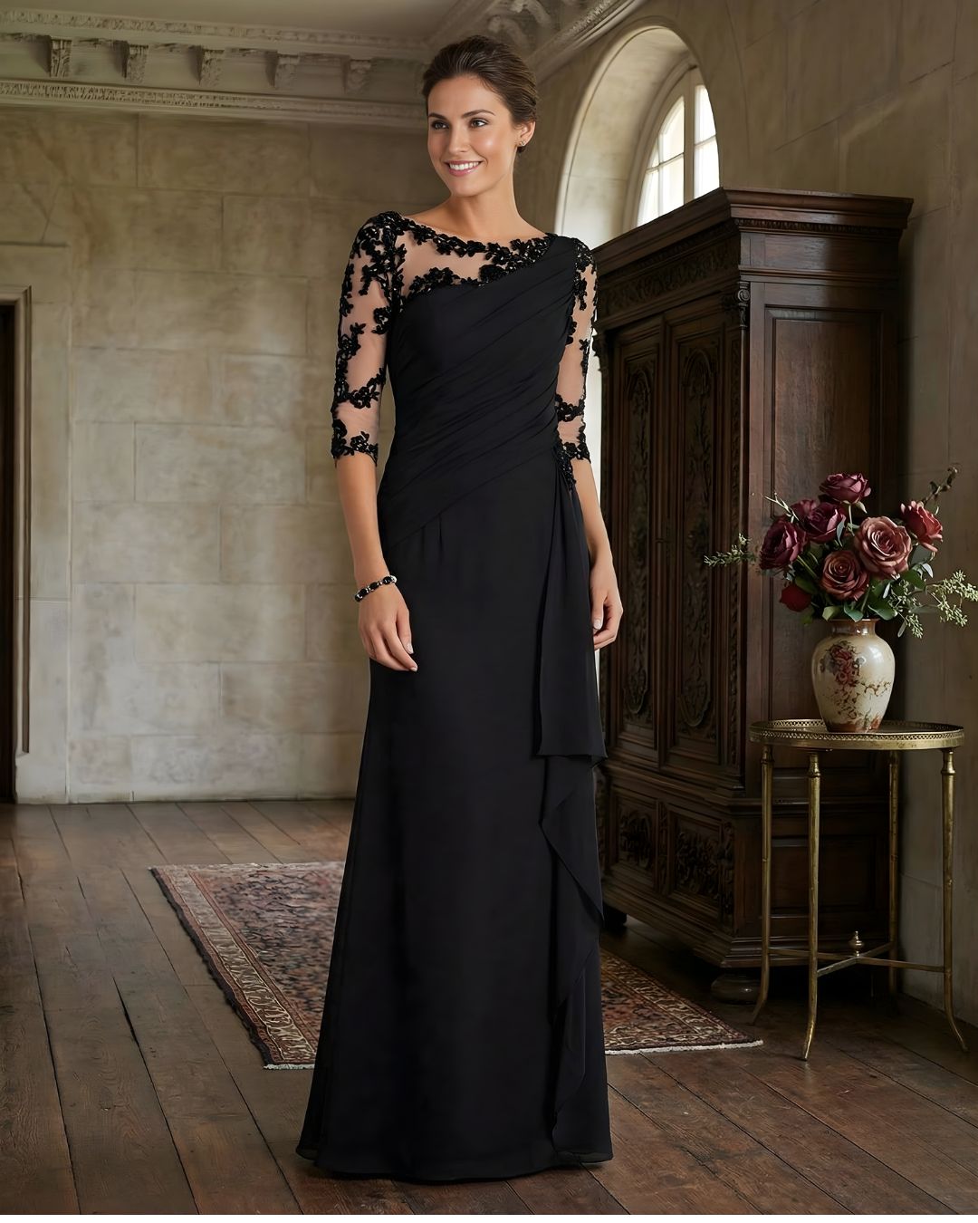 Women's Lace Illusion Ruffle Evening Gown