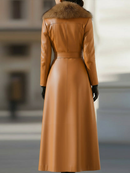 Women's Faux Leather Double-Breasted Coat with Faux Fur Collar