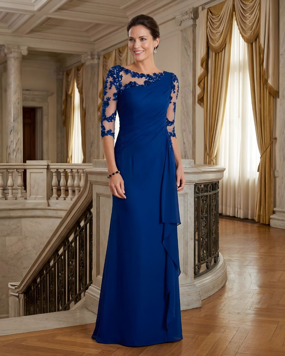 Women's Lace Illusion Ruffle Evening Gown