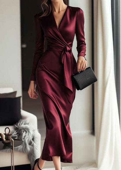 Women's Long Sleeve Satin Wrap Dress with Waist Tie Detail