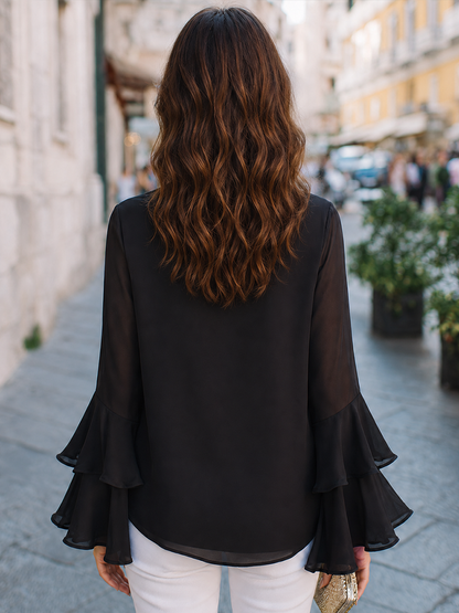 Tie Neck Ruffle Sleeve Draped Blouse