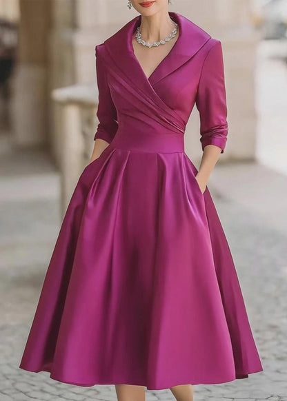 Women's Satin Midi Dress with Draped Collar and Pockets