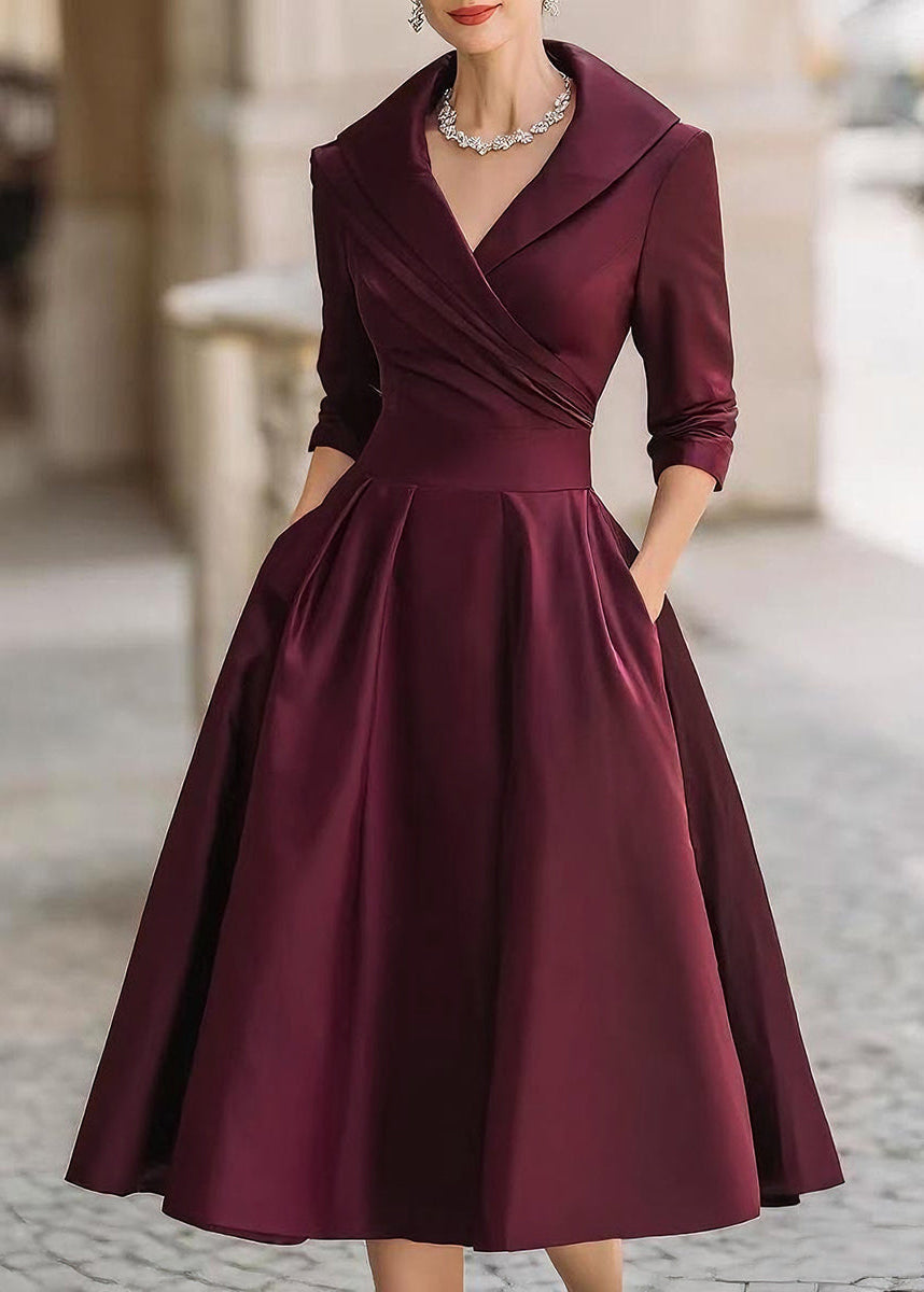 Women's Satin Midi Dress with Draped Collar and Pockets