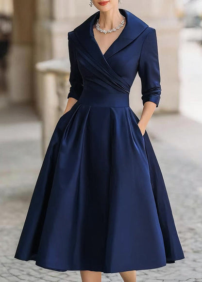 Women's Satin Midi Dress with Draped Collar and Pockets