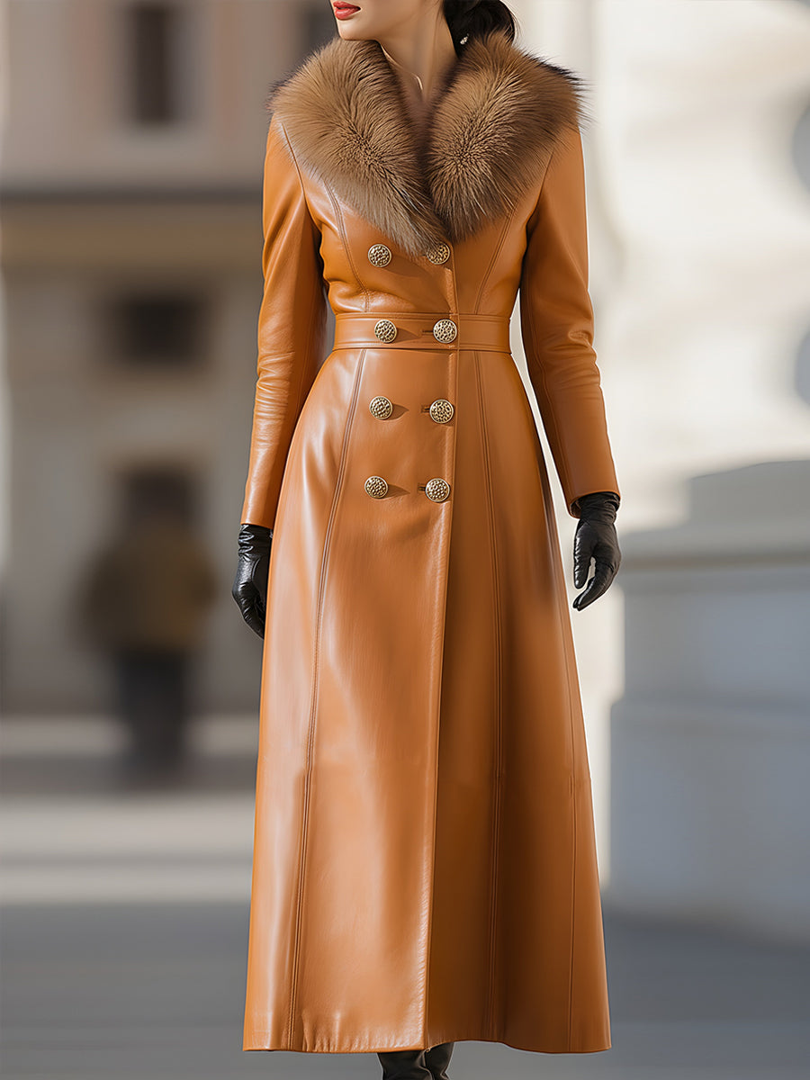 Women's Faux Leather Double-Breasted Coat with Faux Fur Collar