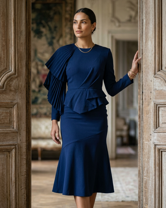 Maggie | Evening Front-Pleated Ruffle Midi Dress