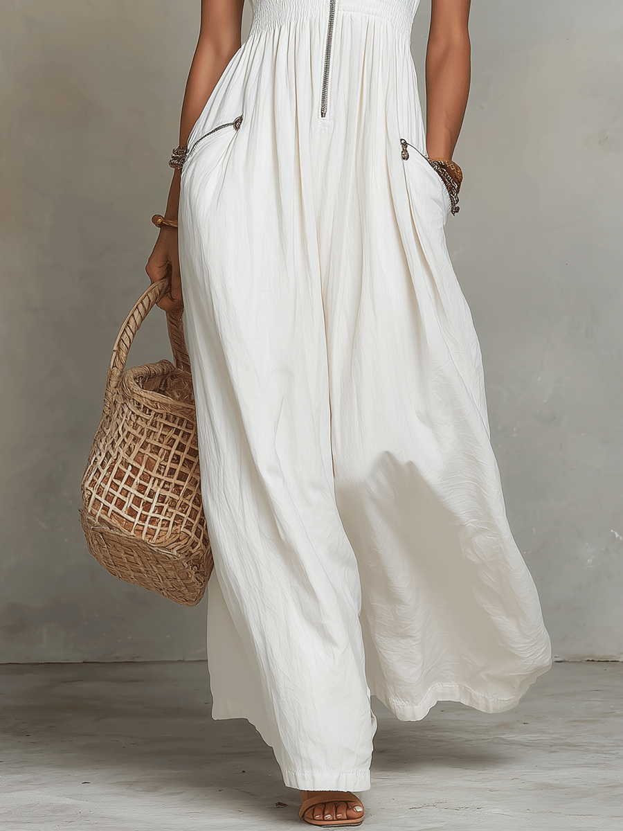 White Zip Front Boho Spring Maxi Dress