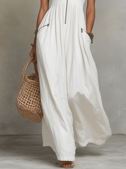 White Zip Front Boho Spring Maxi Dress