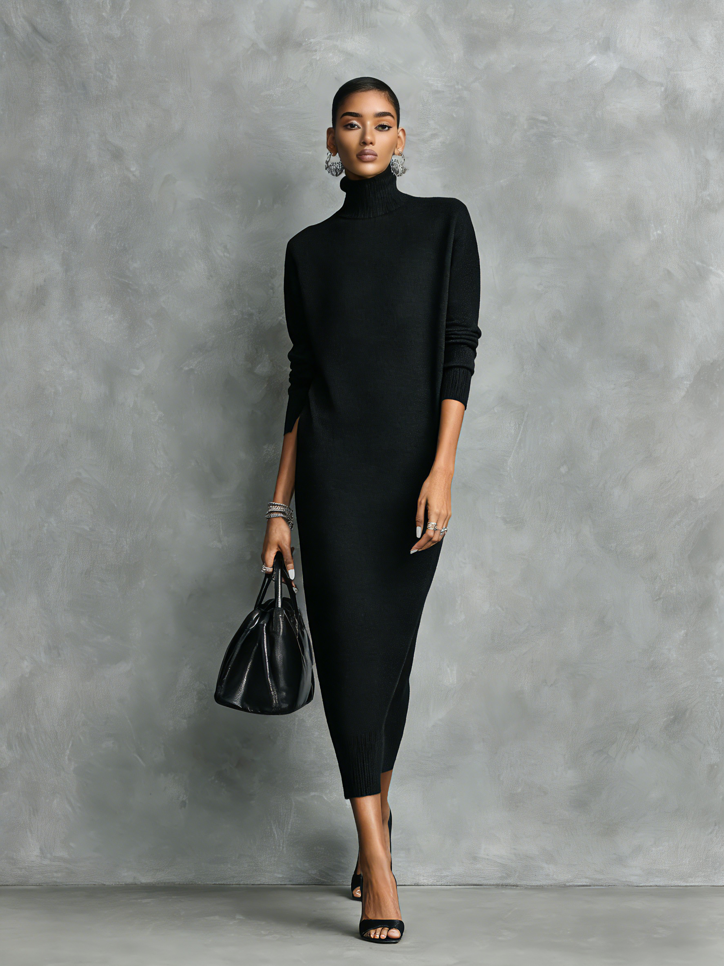 Women's Black Turtleneck Knit Midi Dress
