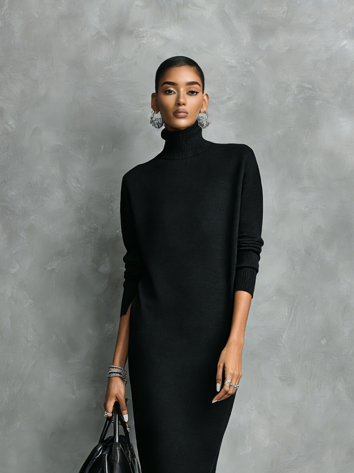 Women's Black Turtleneck Knit Midi Dress