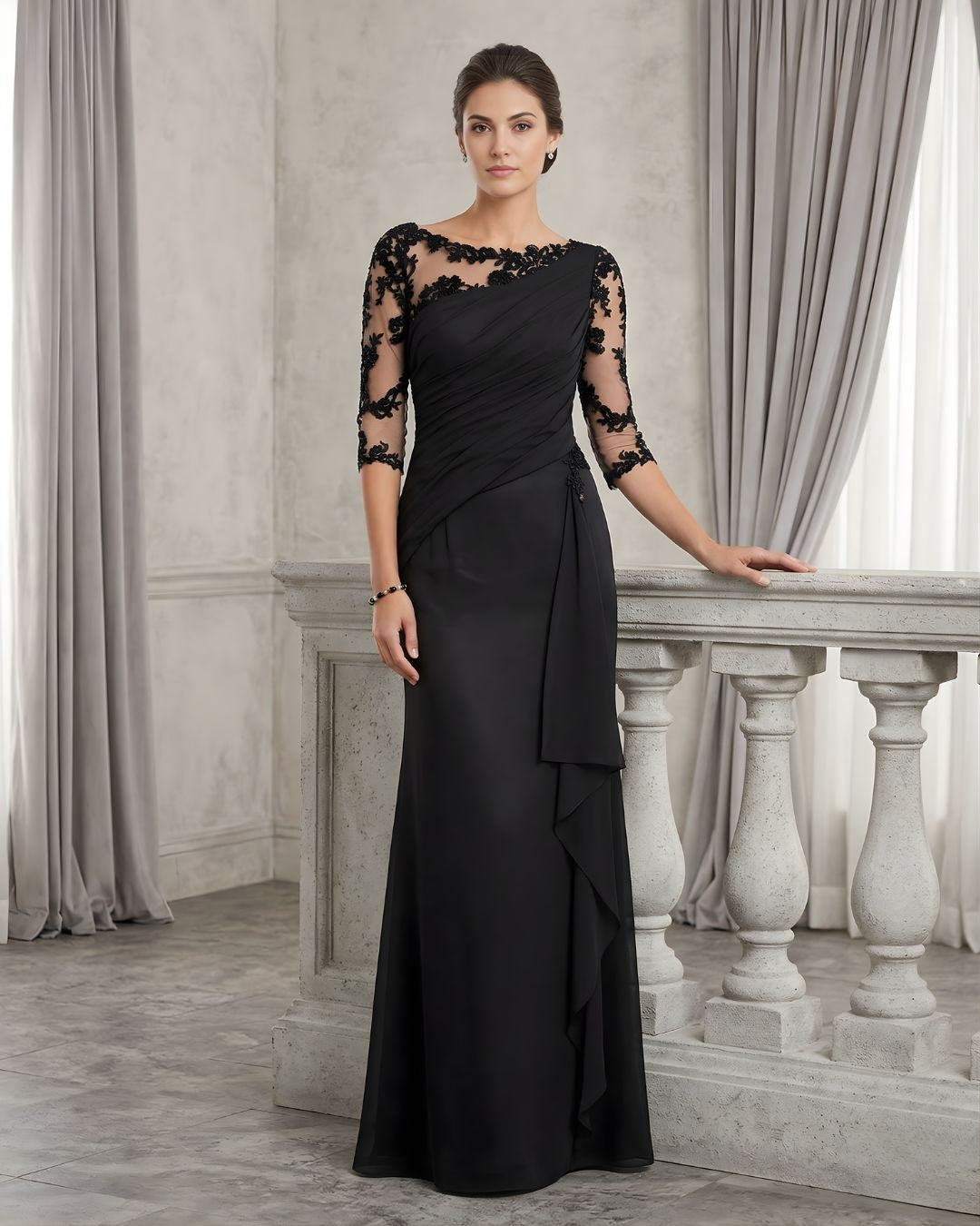 Women's Lace Illusion Ruffle Evening Gown