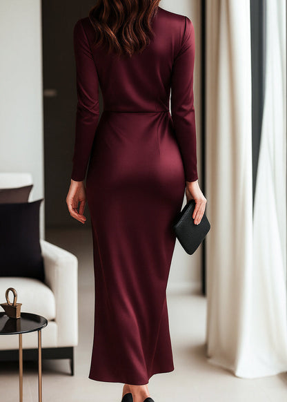 Women's Long Sleeve Satin Wrap Dress with Waist Tie Detail
