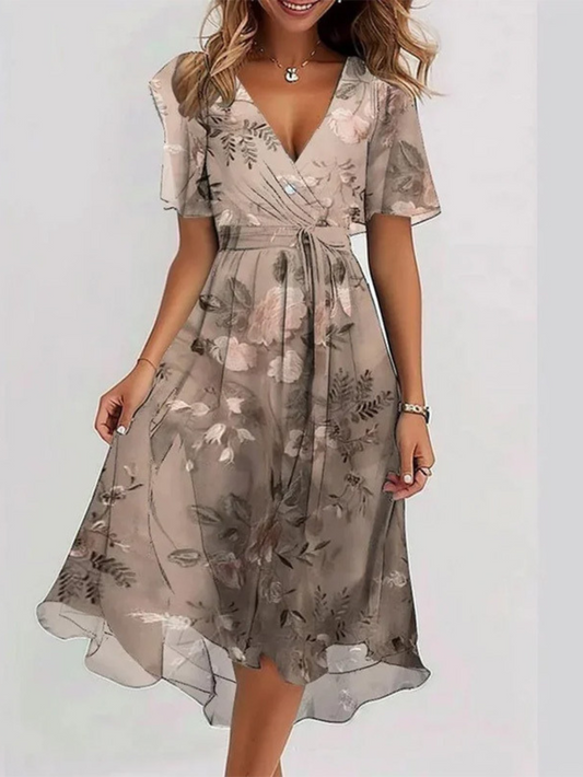Cindy | Botanical Print Wrap Flutter Sleeve Midi Beach Dress