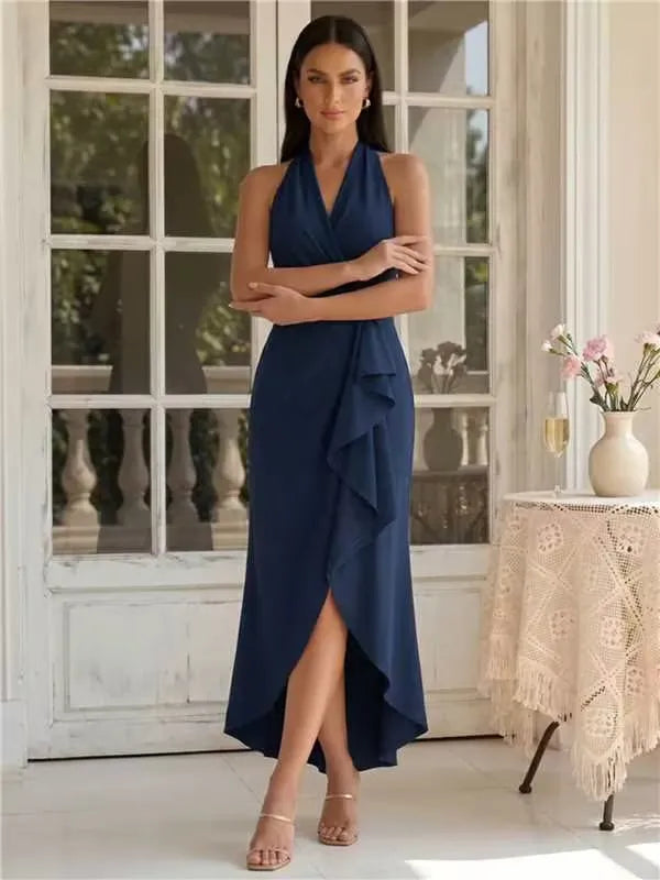 Wre | Halter Wrap Bodice Asymmetric Ruffle Bridesmaid Dress