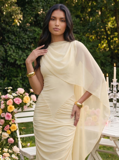 One Shoulder Ruched Chiffon Cape Overlay Bridesmaid Dress