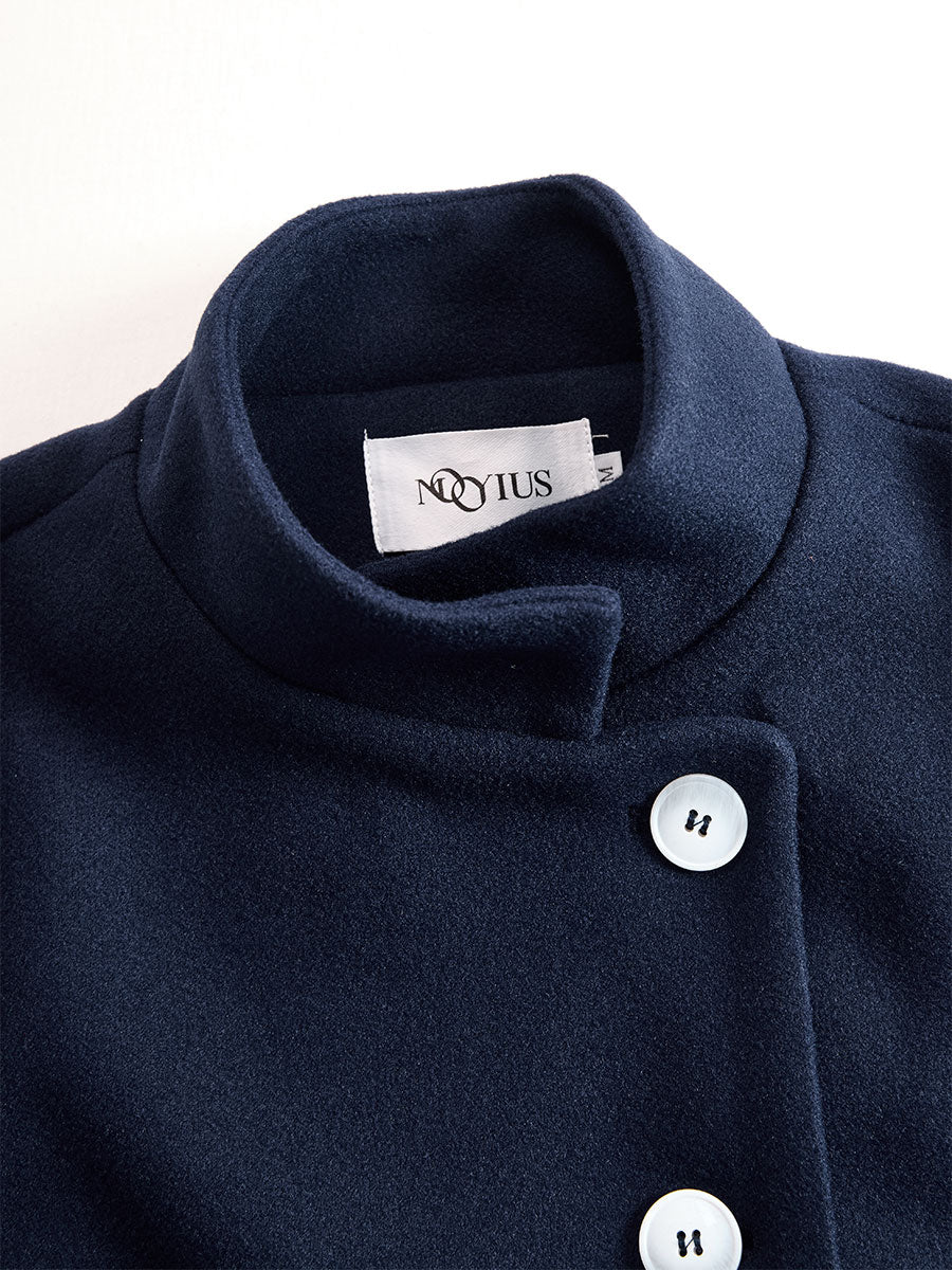 Women's Navy Stand Collar Maxi Wool Coat