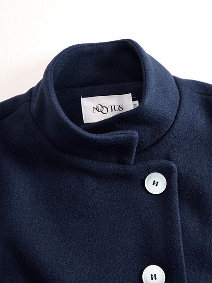 Women's Navy Stand Collar Maxi Wool Coat
