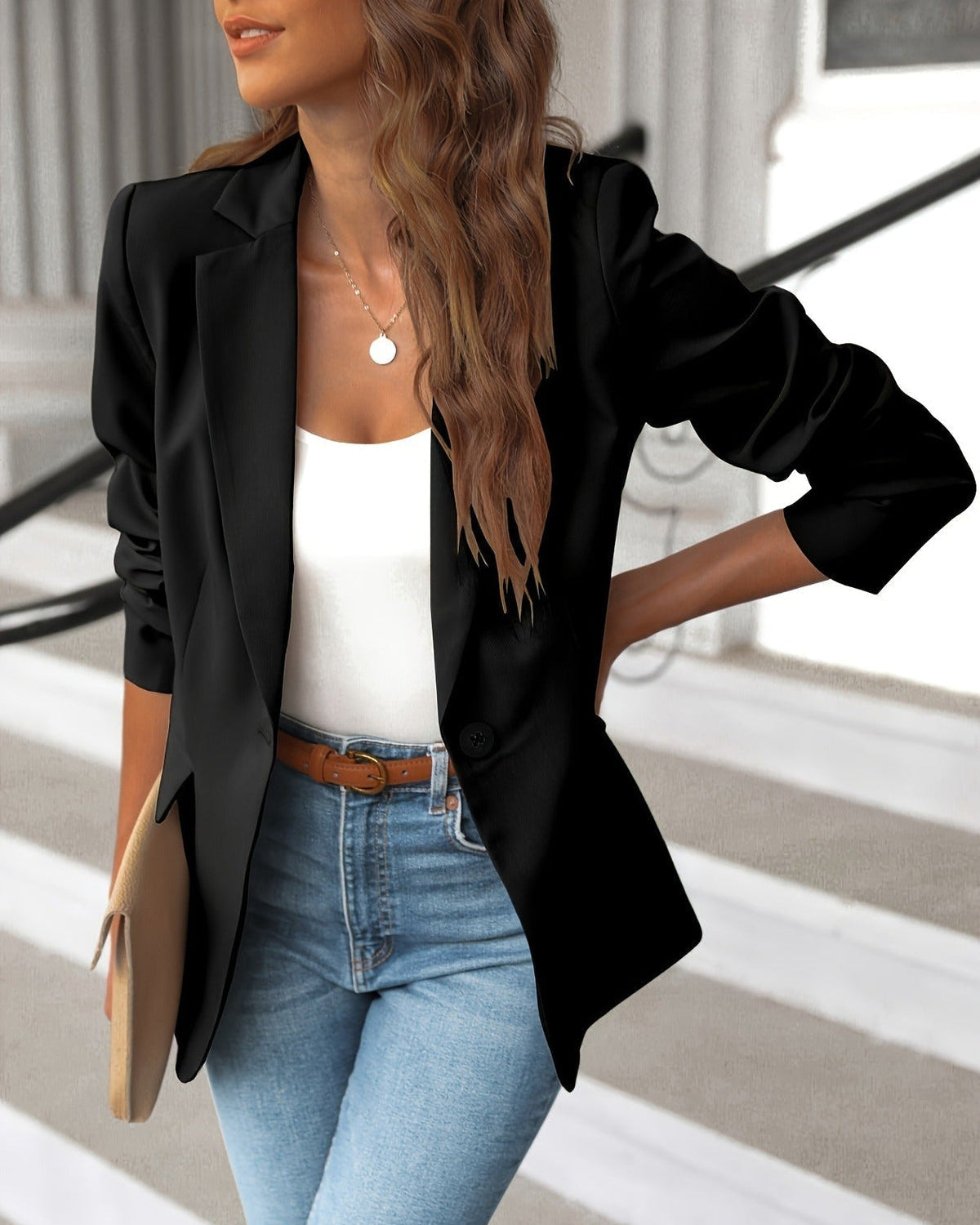 Women's Ruched Sleeve Blazer Tailored Single Button Jacket