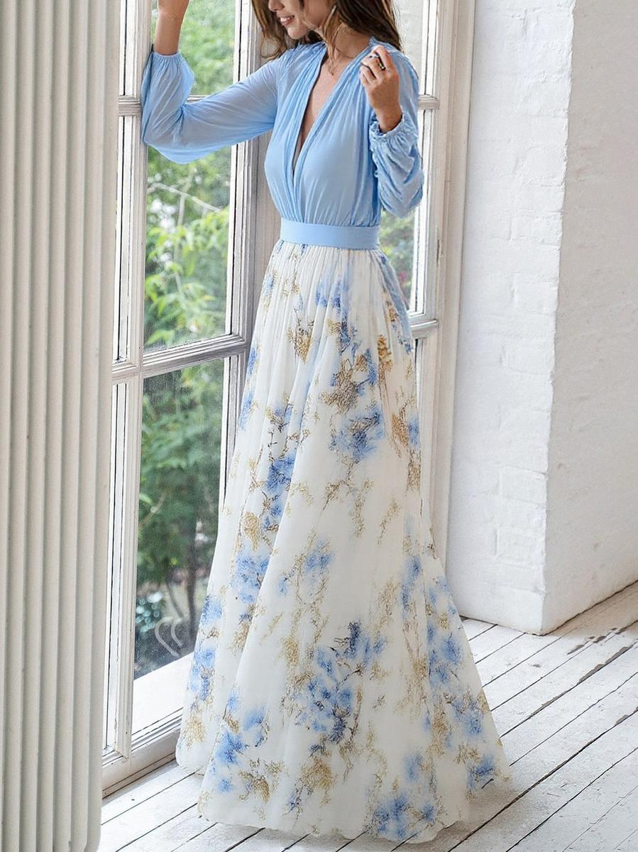 Aurora | Botanical Print V Neck Chiffon Maxi Dress