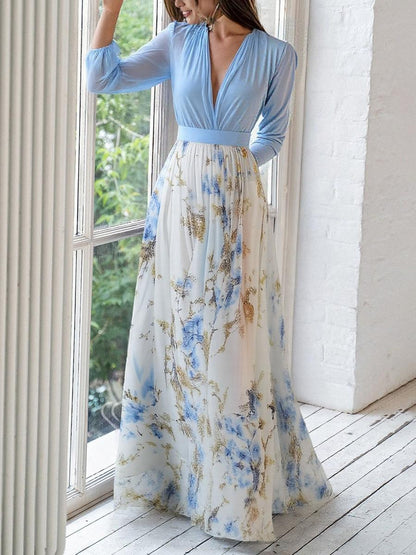 Aurora | Botanical Print V Neck Chiffon Maxi Dress
