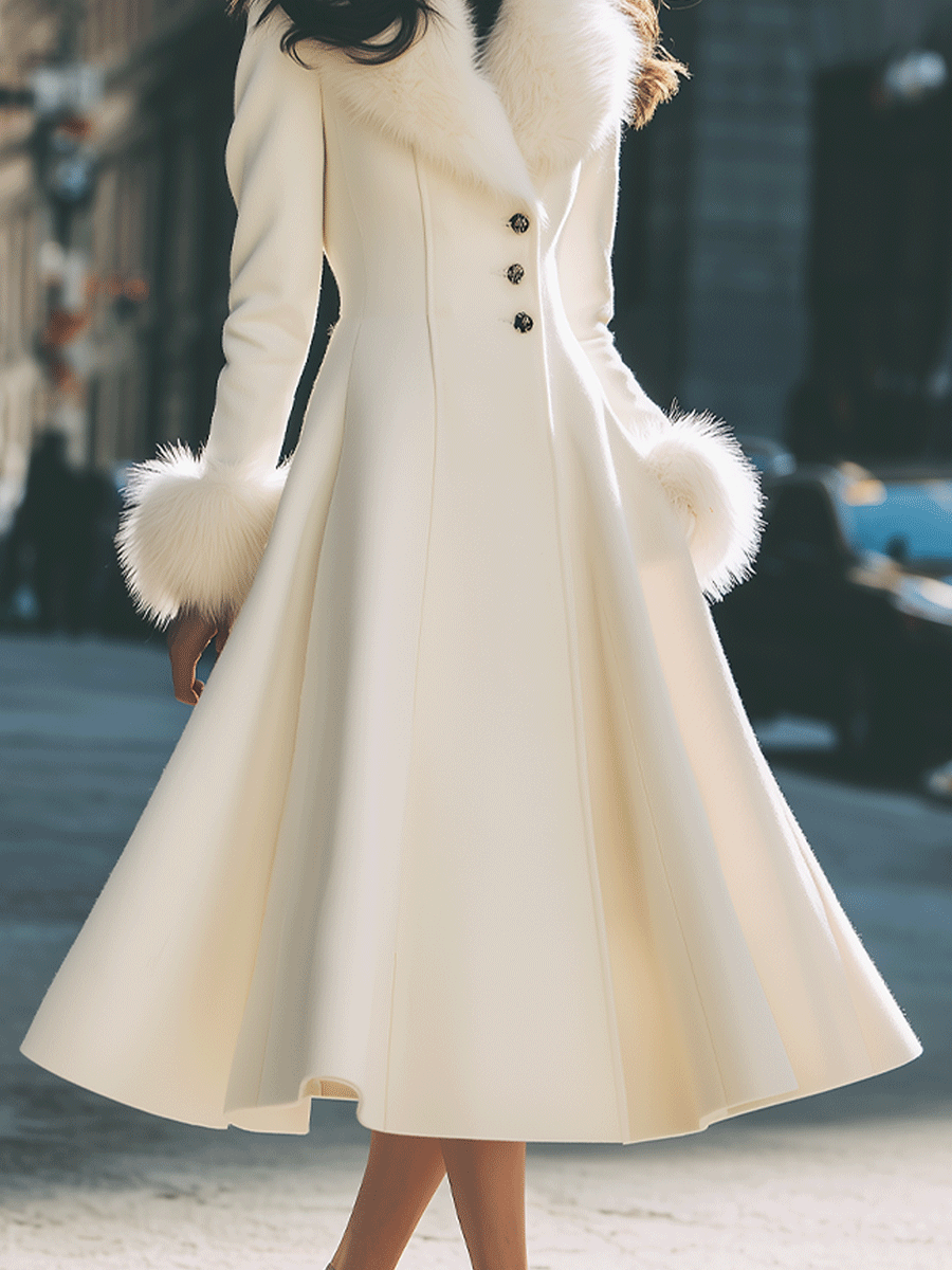 Women's Ivory Faux Fur Collar Flared Coat