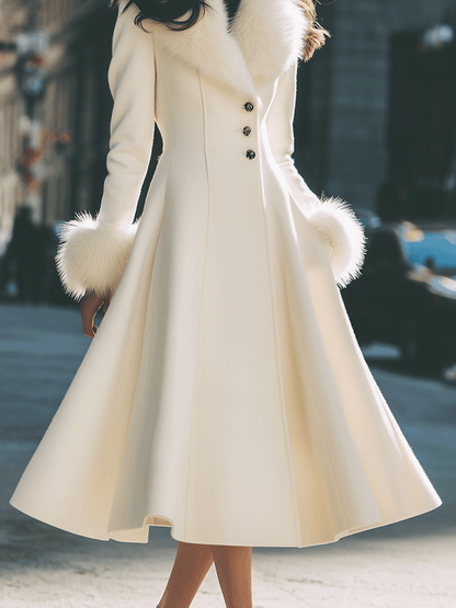 Women's Ivory Faux Fur Collar Flared Coat