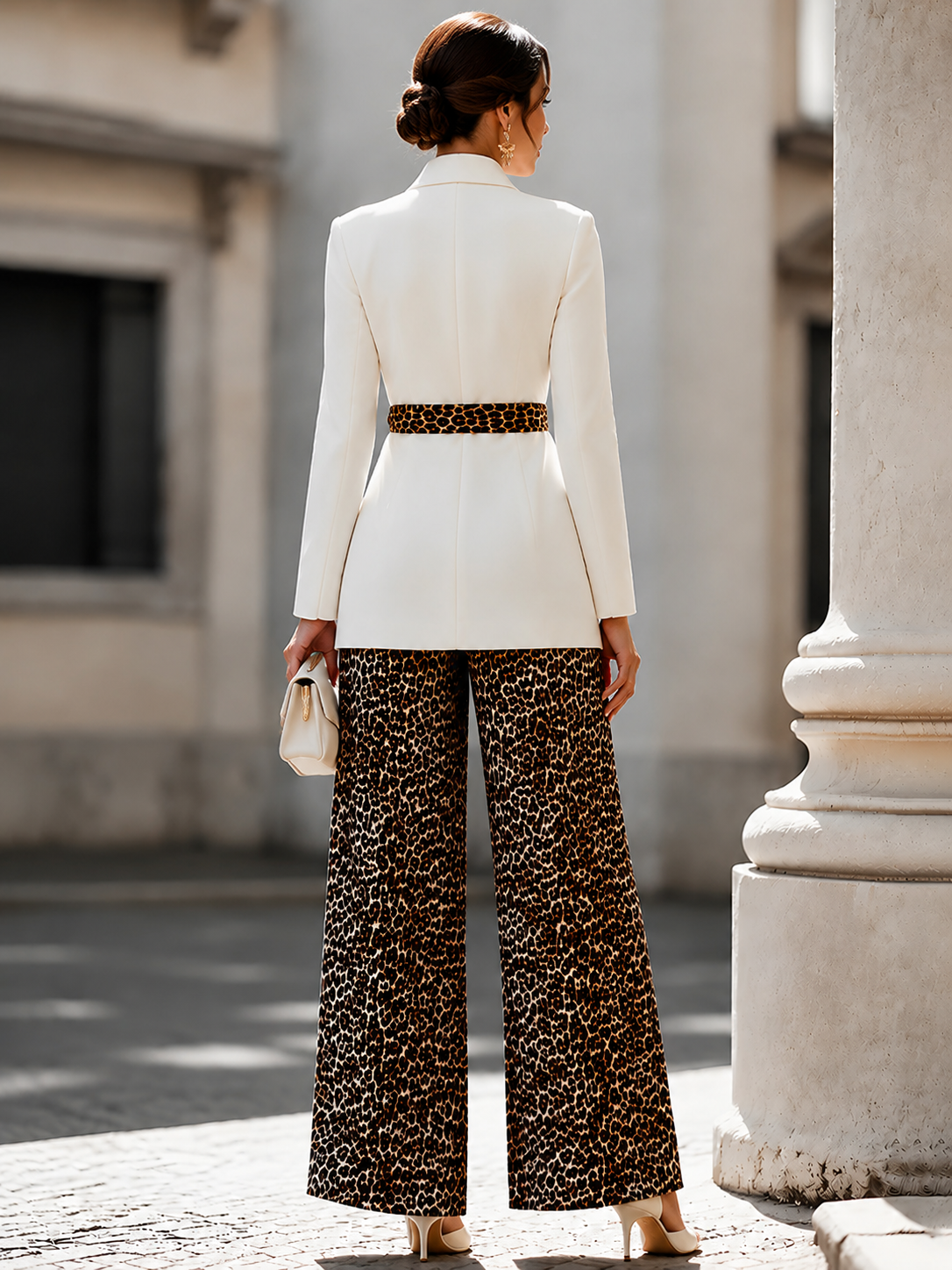 White Blazer and Leopard Print Wide Leg Pants Set