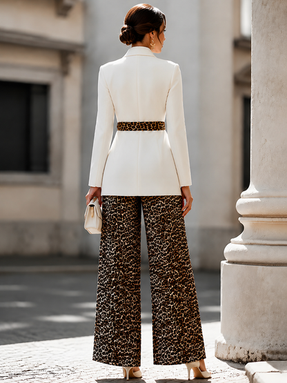 White Blazer and Leopard Print Wide Leg Pants Set