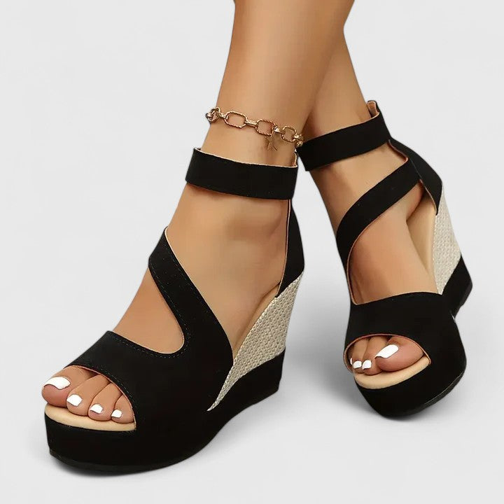 Mary | Black Strap Woven Wedge-Heel Platform Sandals