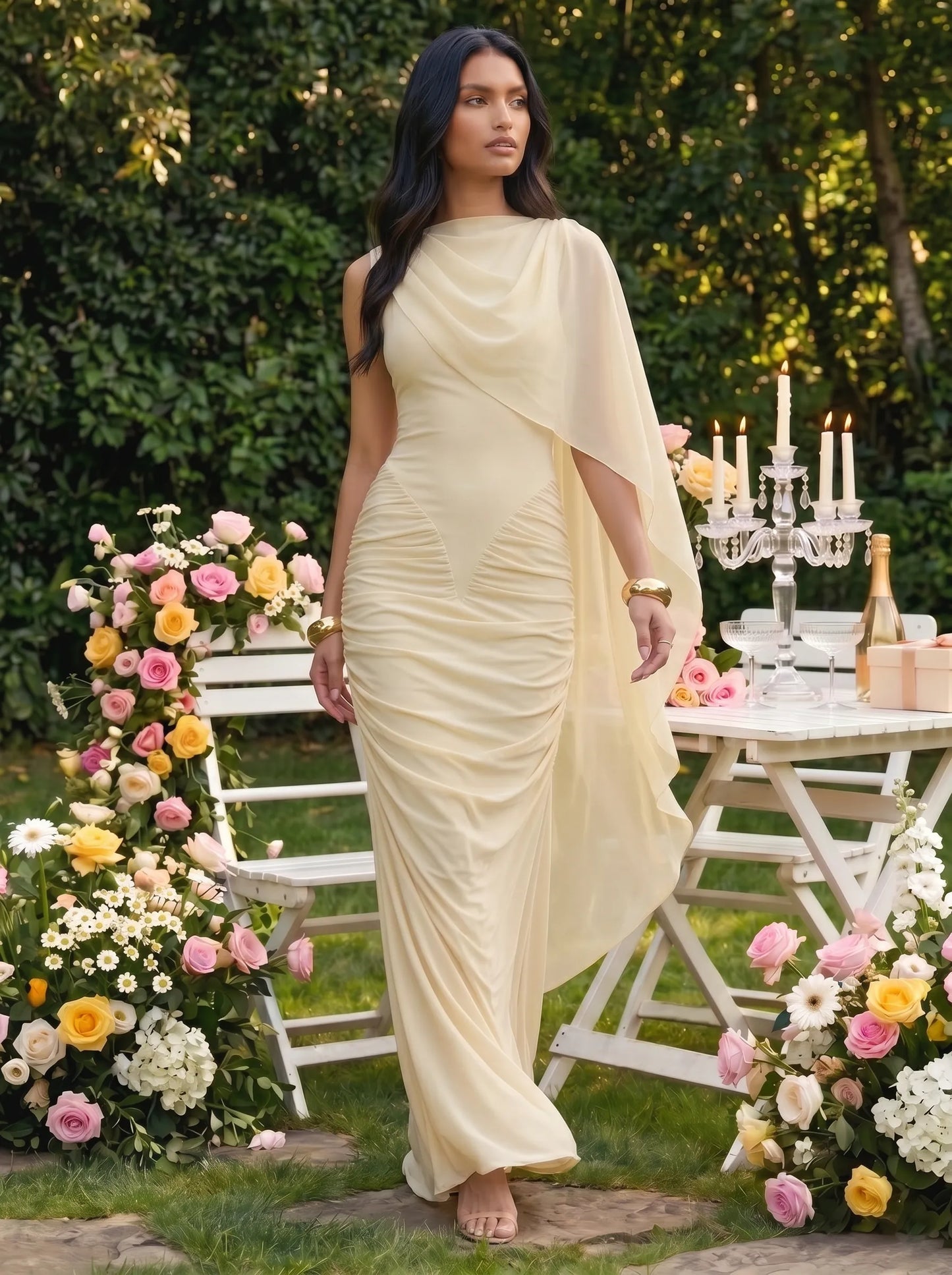One Shoulder Ruched Chiffon Cape Overlay Bridesmaid Dress
