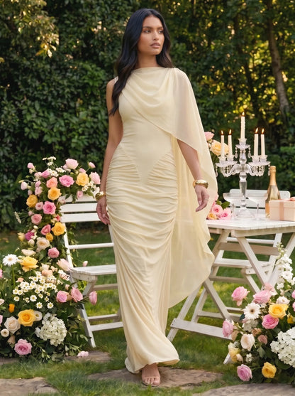 One Shoulder Ruched Chiffon Cape Overlay Bridesmaid Dress