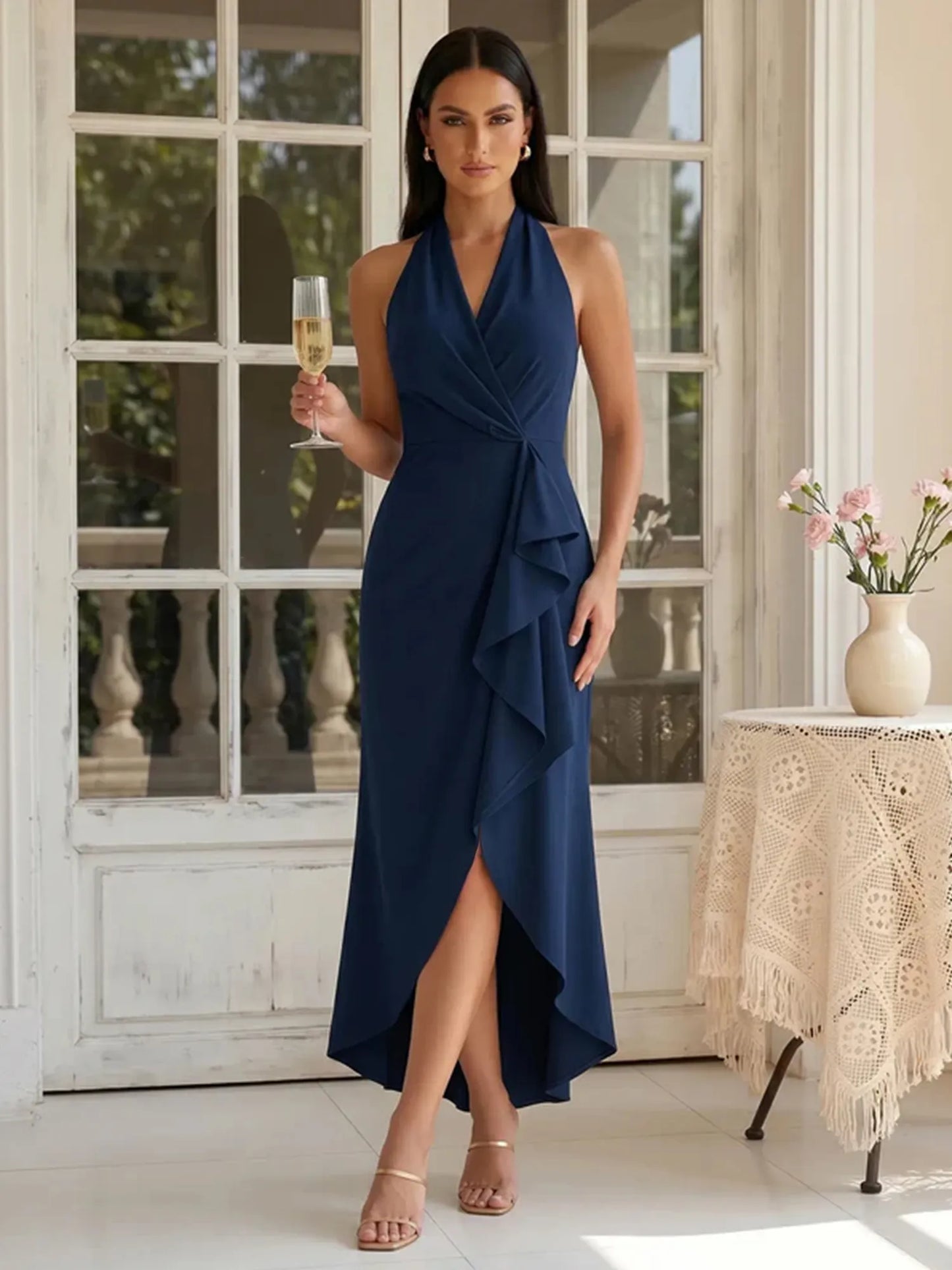 Wre | Halter Wrap Bodice Asymmetric Ruffle Bridesmaid Dress