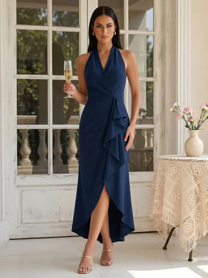 Wre | Halter Wrap Bodice Asymmetric Ruffle Bridesmaid Dress