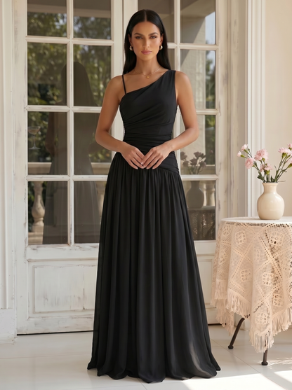Onx | One Shoulder Pleated Satin Thigh Slit Summer Wedding Guest Dress
