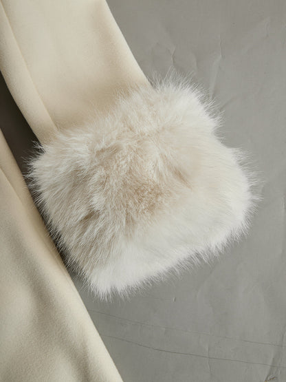 Women's Ivory Faux Fur Collar Flared Coat