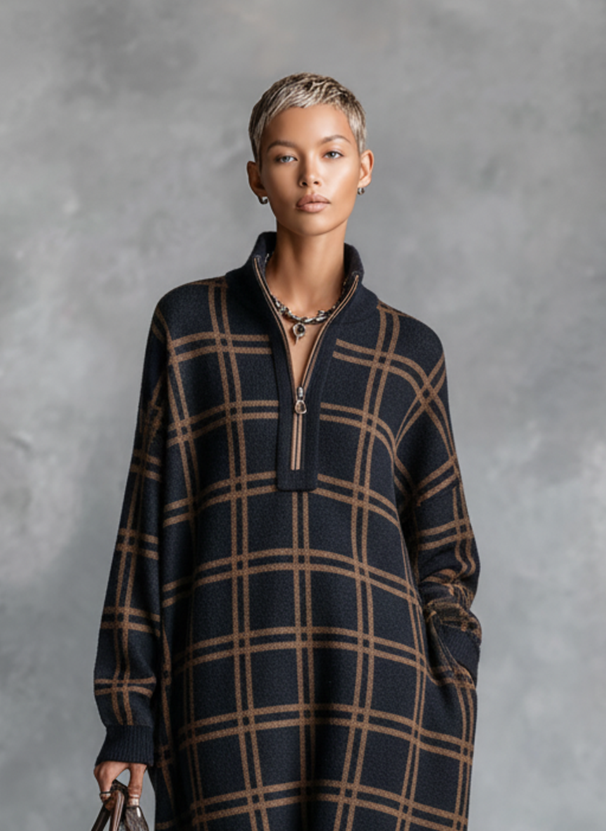 Women's Plaid Zip Neck Knit Maxi Dress
