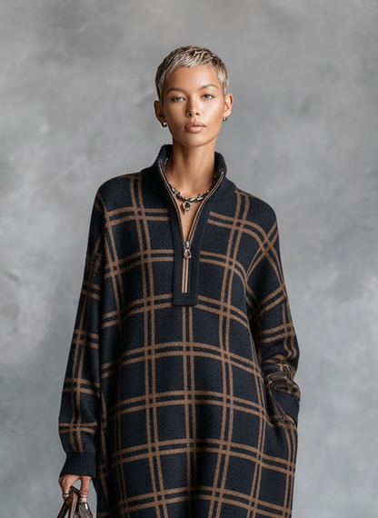Women's Plaid Zip Neck Knit Maxi Dress