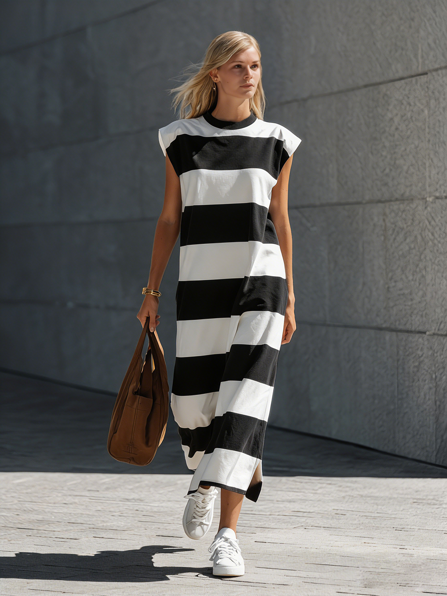 Women's Brown and White Crew Neck Stretch Knit Maxi Dress