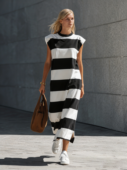 Women's Brown and White Crew Neck Stretch Knit Maxi Dress