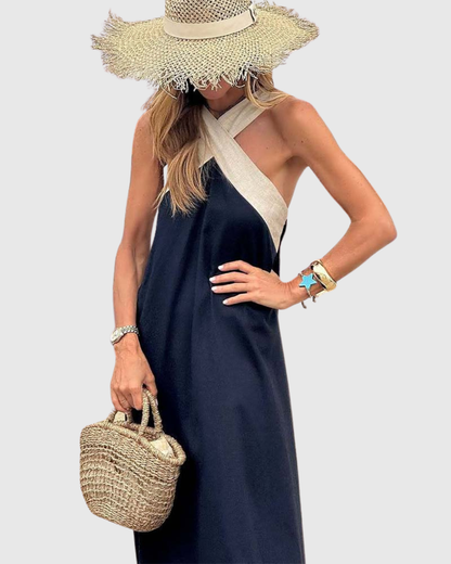 Summer | Linen Crossover Halter Neck Maxi Sundress