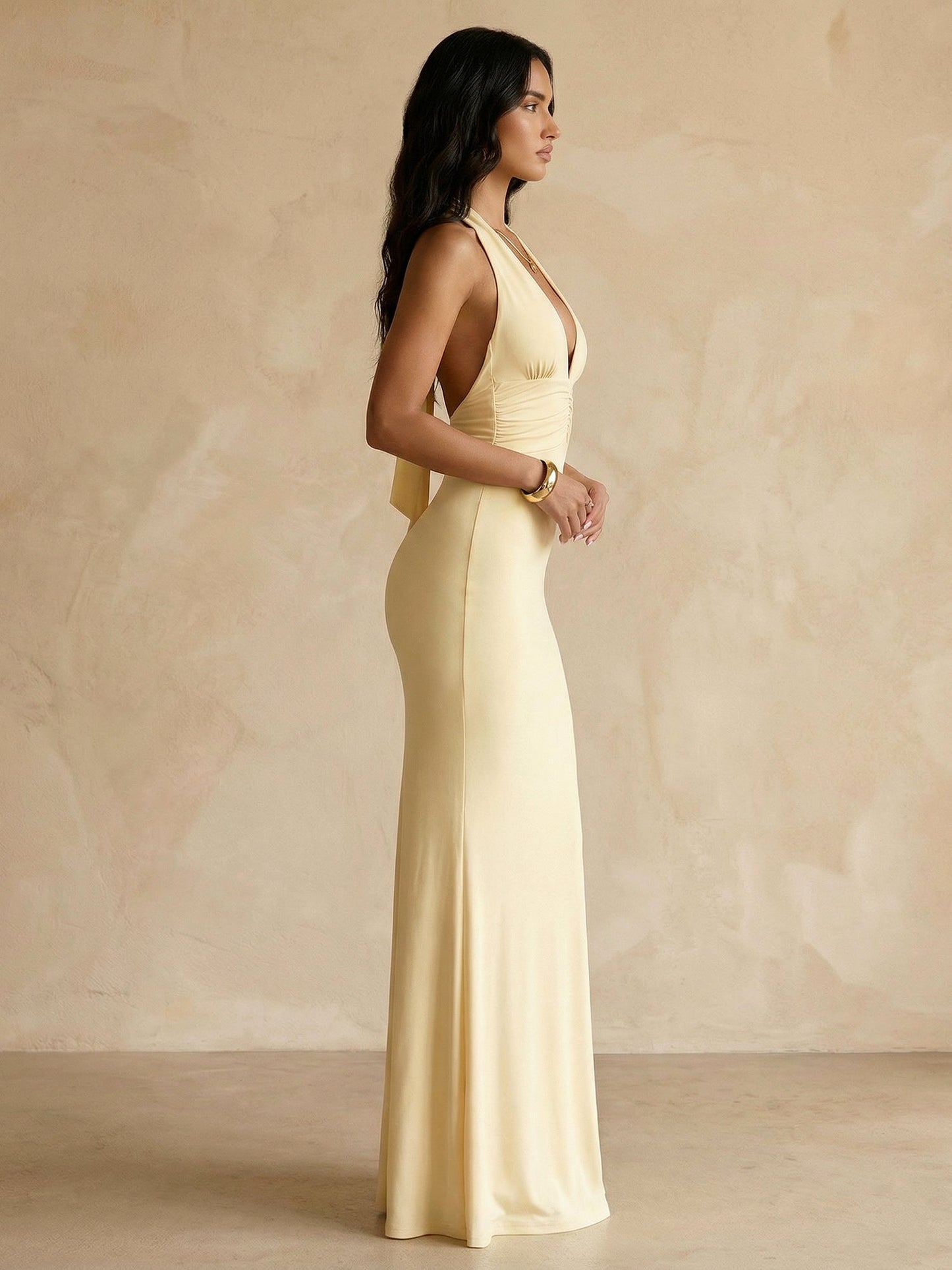 Halter Neck Pleated Mermaid Maxi Bridesmaid Dress
