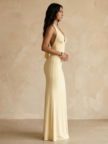 Halter Neck Pleated Mermaid Maxi Bridesmaid Dress