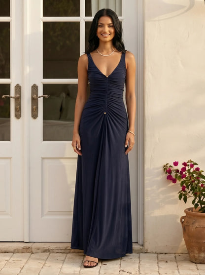Vra | V-Neck Ruched Column Button Detail Bridesmaid Dress