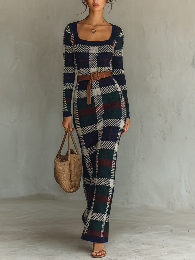 Women's Check Knit Belted Square Neck Maxi Dress