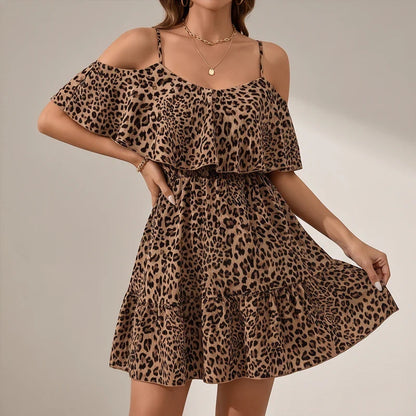 Marlowe | Leopard Print Cold-Shoulder Ruffle Mini Dress